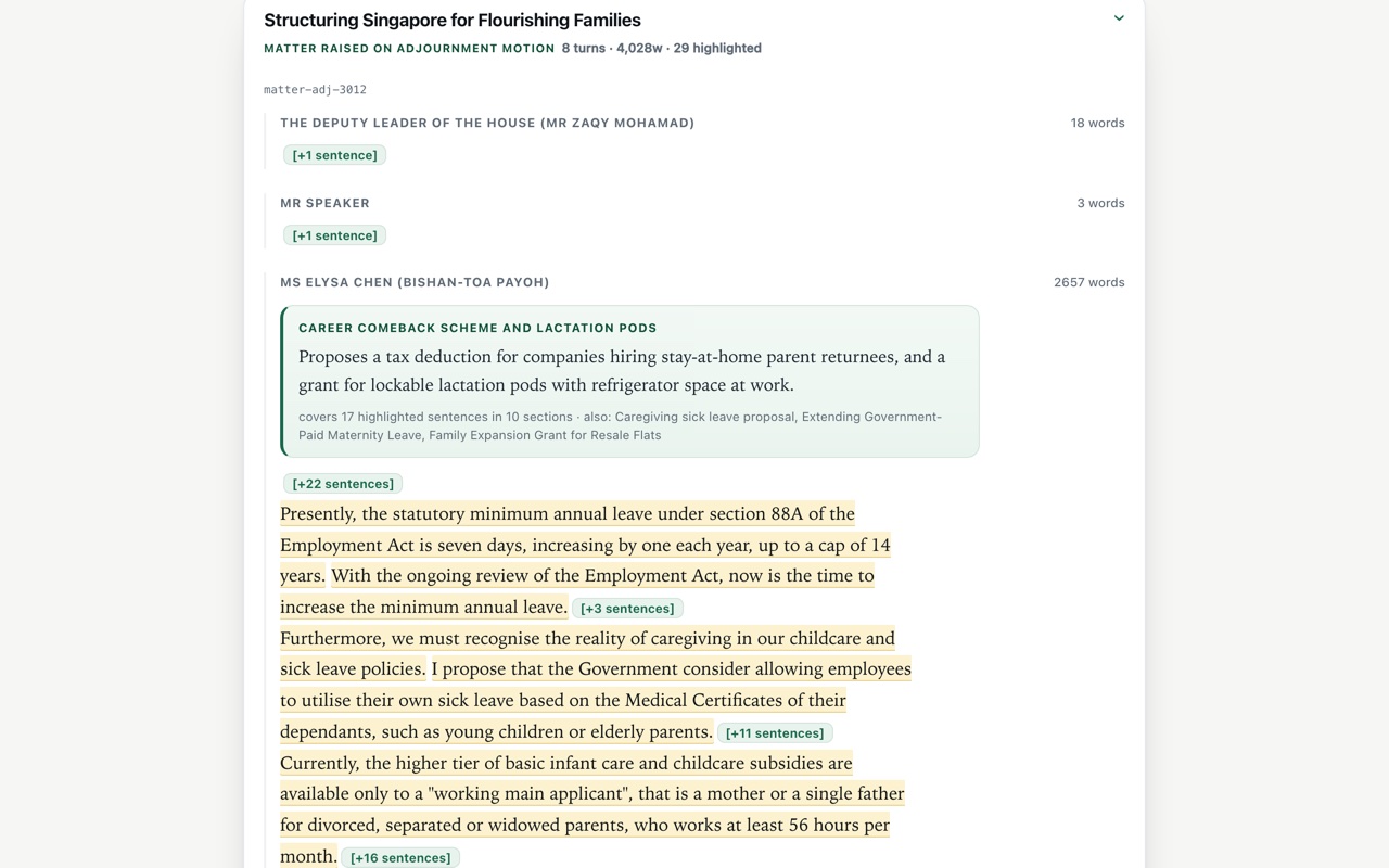 A sitting of 5 August 2026 open in Parsnips: a summary of one speaker's point above the words it came from, with the summarised sentences highlighted inside the full transcript