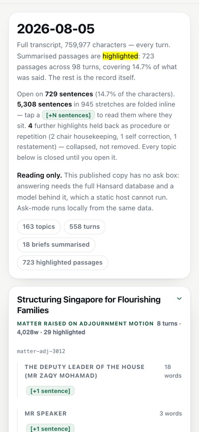 Parsnips at phone width: a sitting's header showing 163 topics, 558 turns and 723 highlighted passages, above the day's topics